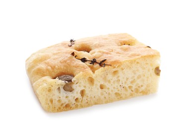 Photo of Piece of delicious focaccia bread with olives and thyme isolated on white