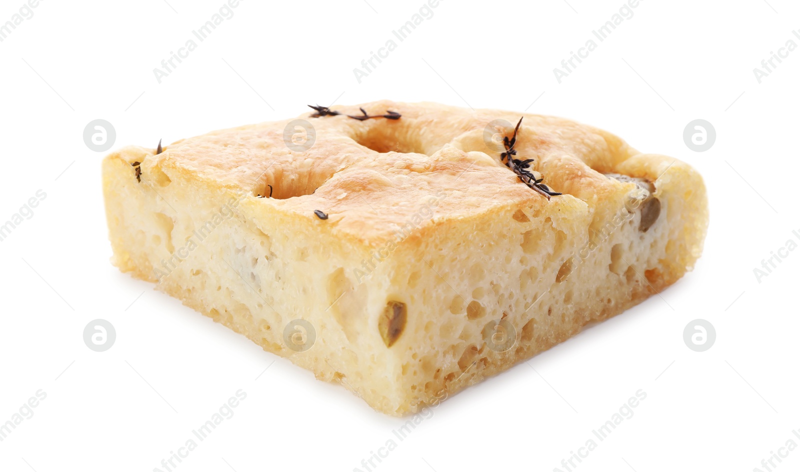 Photo of Piece of delicious focaccia bread with olives and thyme isolated on white