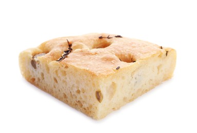 Photo of Piece of delicious focaccia bread with olives and thyme isolated on white