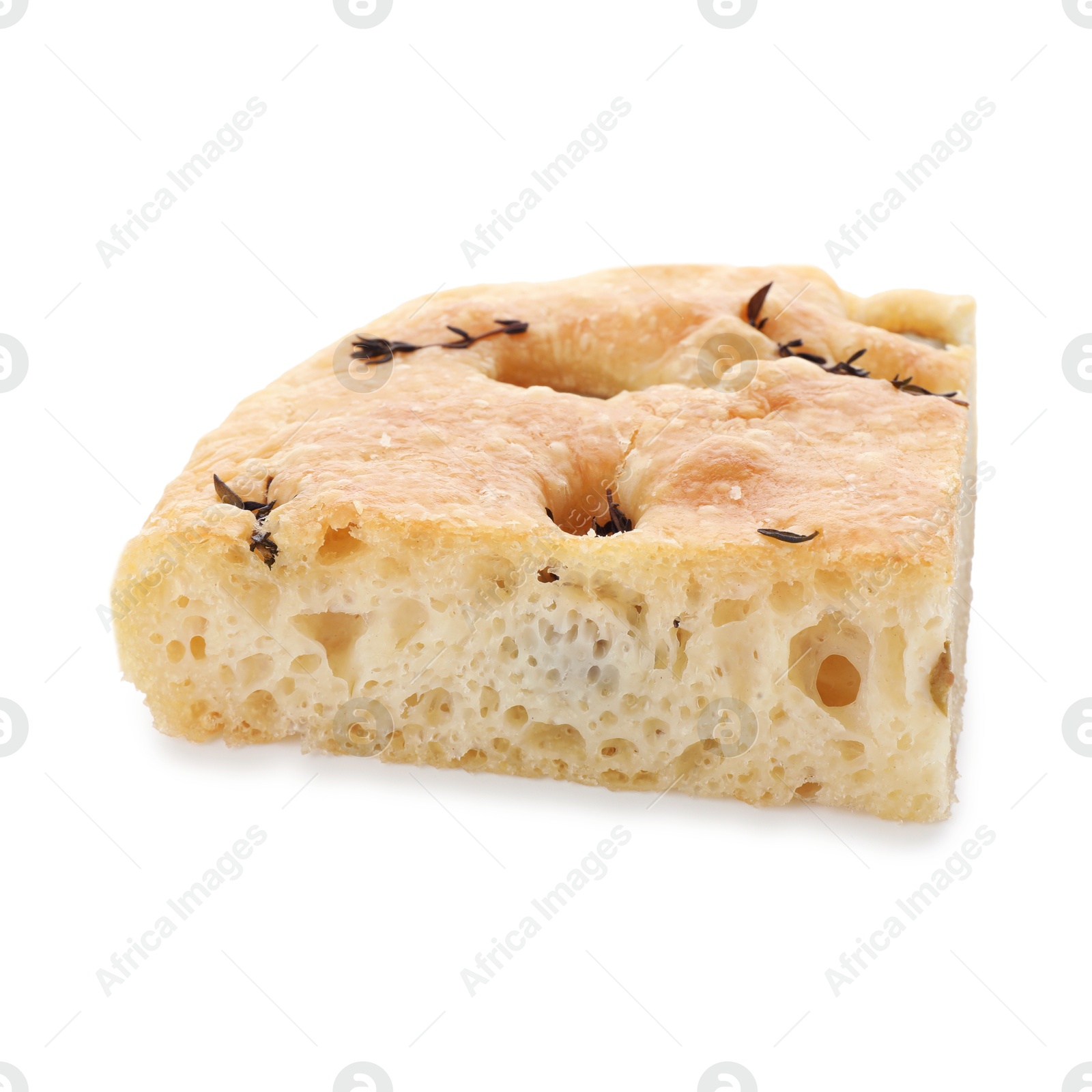 Photo of Piece of delicious focaccia bread with thyme isolated on white