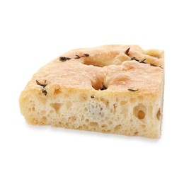 Photo of Piece of delicious focaccia bread with thyme isolated on white