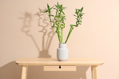 Decorative bamboo plant in vase on table near beige wall