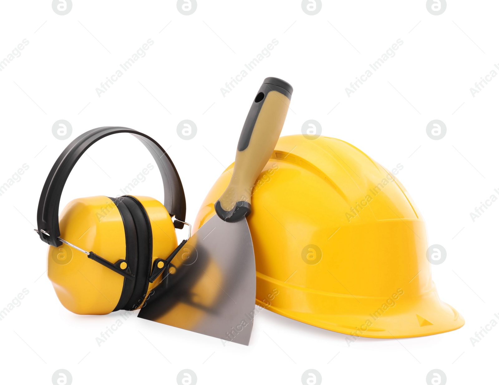 Photo of Protective equipment and construction tool isolated on white