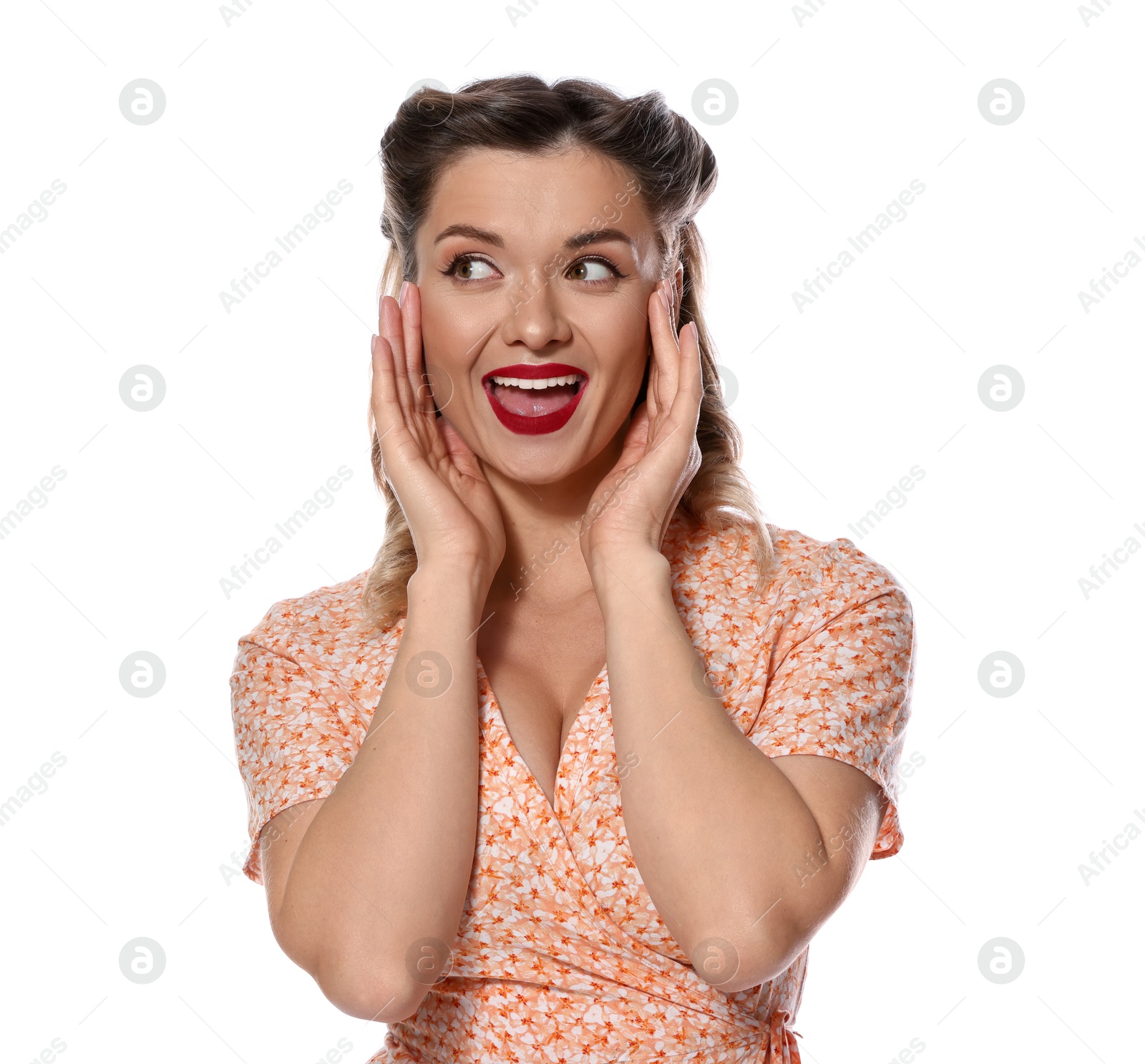 Photo of Surprised pin-up woman posing on white background