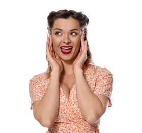 Photo of Surprised pin-up woman posing on white background