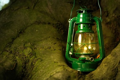 Photo of Vintage kerosene lamp near tree in forest at evening, space for text