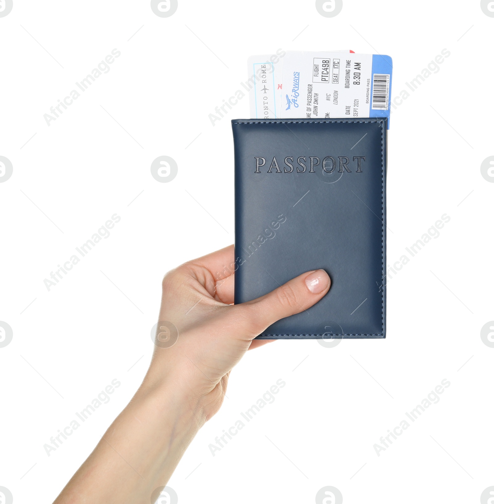 Photo of Woman holding passport with tickets on white background, closeup