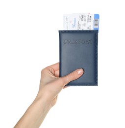 Photo of Woman holding passport with tickets on white background, closeup