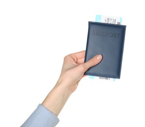 Photo of Woman holding passport with ticket on white background, closeup