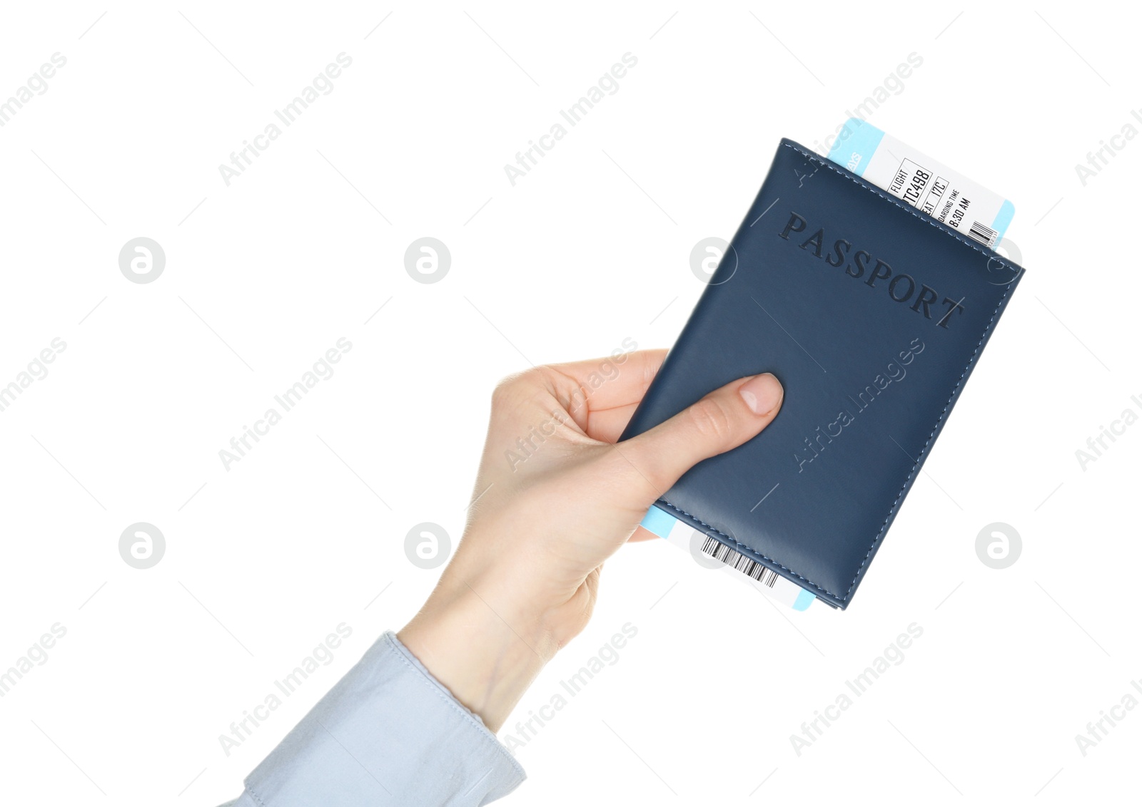 Photo of Woman holding passport with ticket on white background, closeup