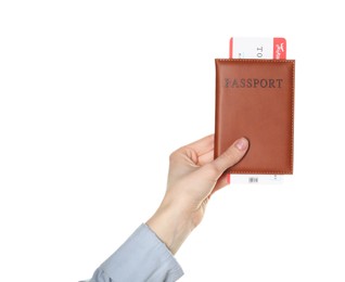 Photo of Woman holding passport with ticket on white background, closeup