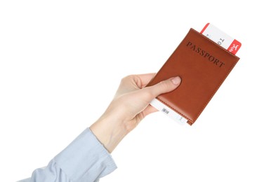 Photo of Woman holding passport with ticket on white background, closeup