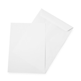 Photo of Envelopes isolated on white, top view. Mockup for design