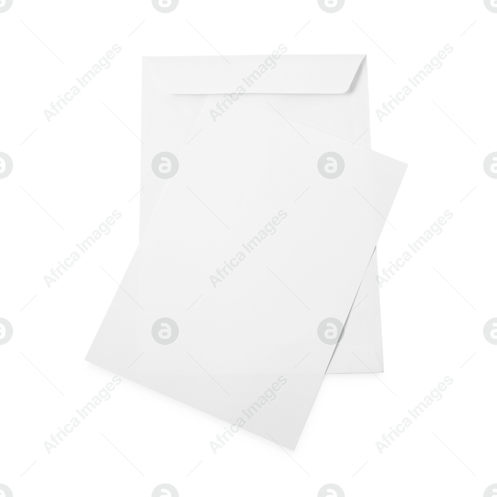 Photo of Envelopes isolated on white, top view. Mockup for design