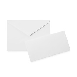 Photo of Envelopes isolated on white, top view. Mockup for design