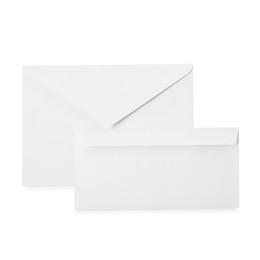 Photo of Envelopes isolated on white, top view. Mockup for design