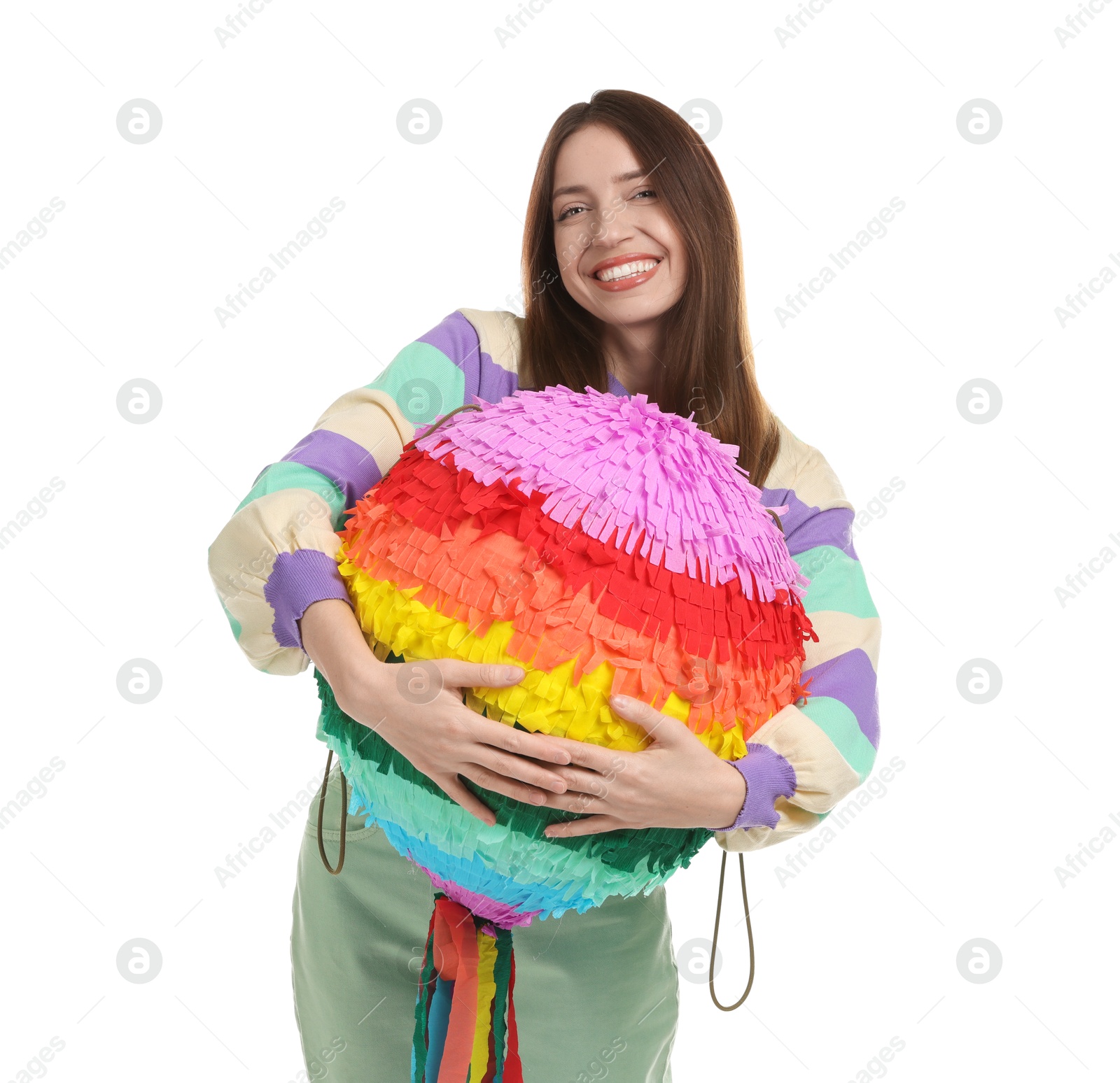 Photo of Happy woman with colorful pinata isolated on white