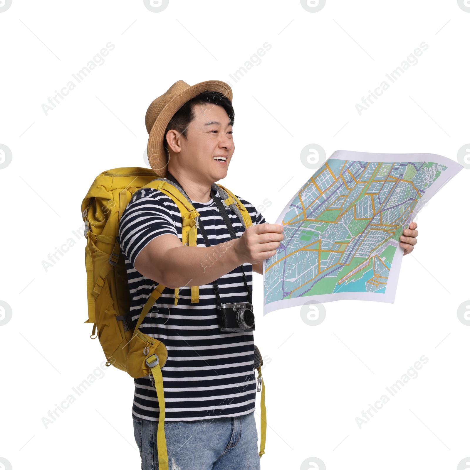 Photo of Traveller with map and backpack on white background