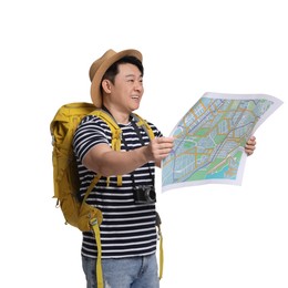 Traveller with map and backpack on white background