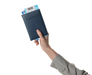 Photo of Woman holding passport with tickets on white background, closeup