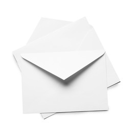 Photo of Envelopes with card isolated on white, top view. Mockup for design