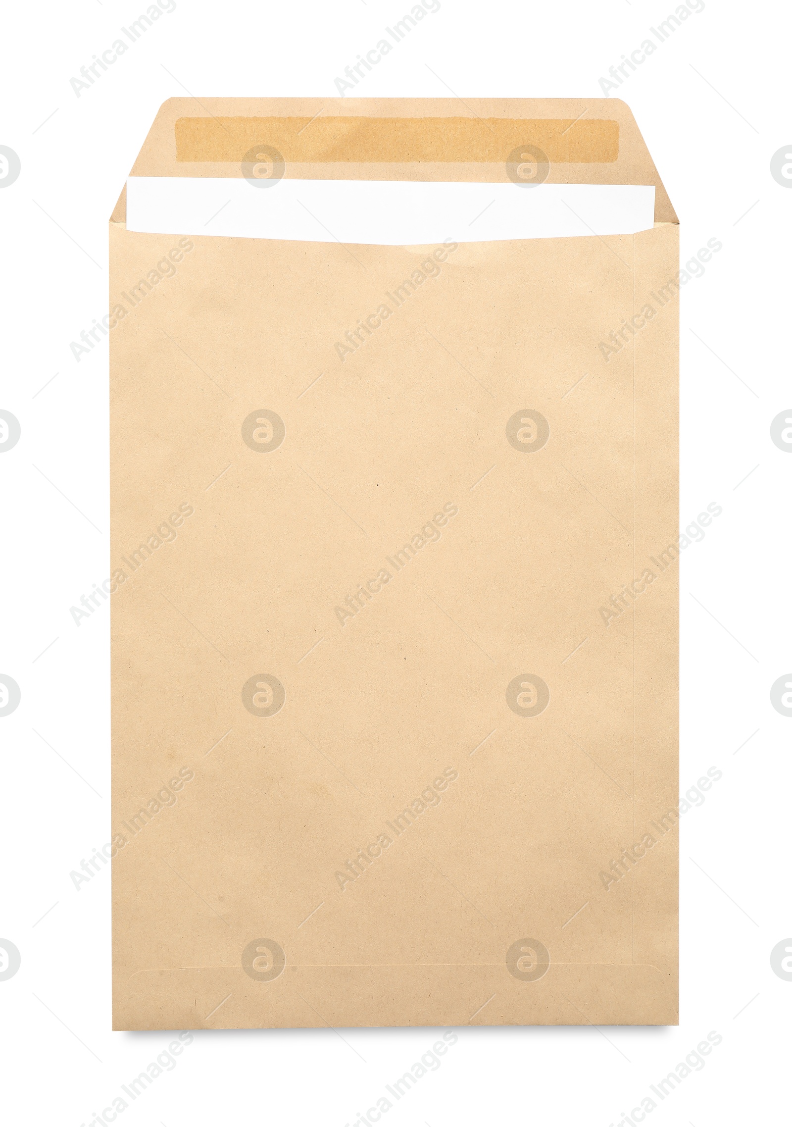 Photo of Envelope with card isolated on white, top view. Mockup for design