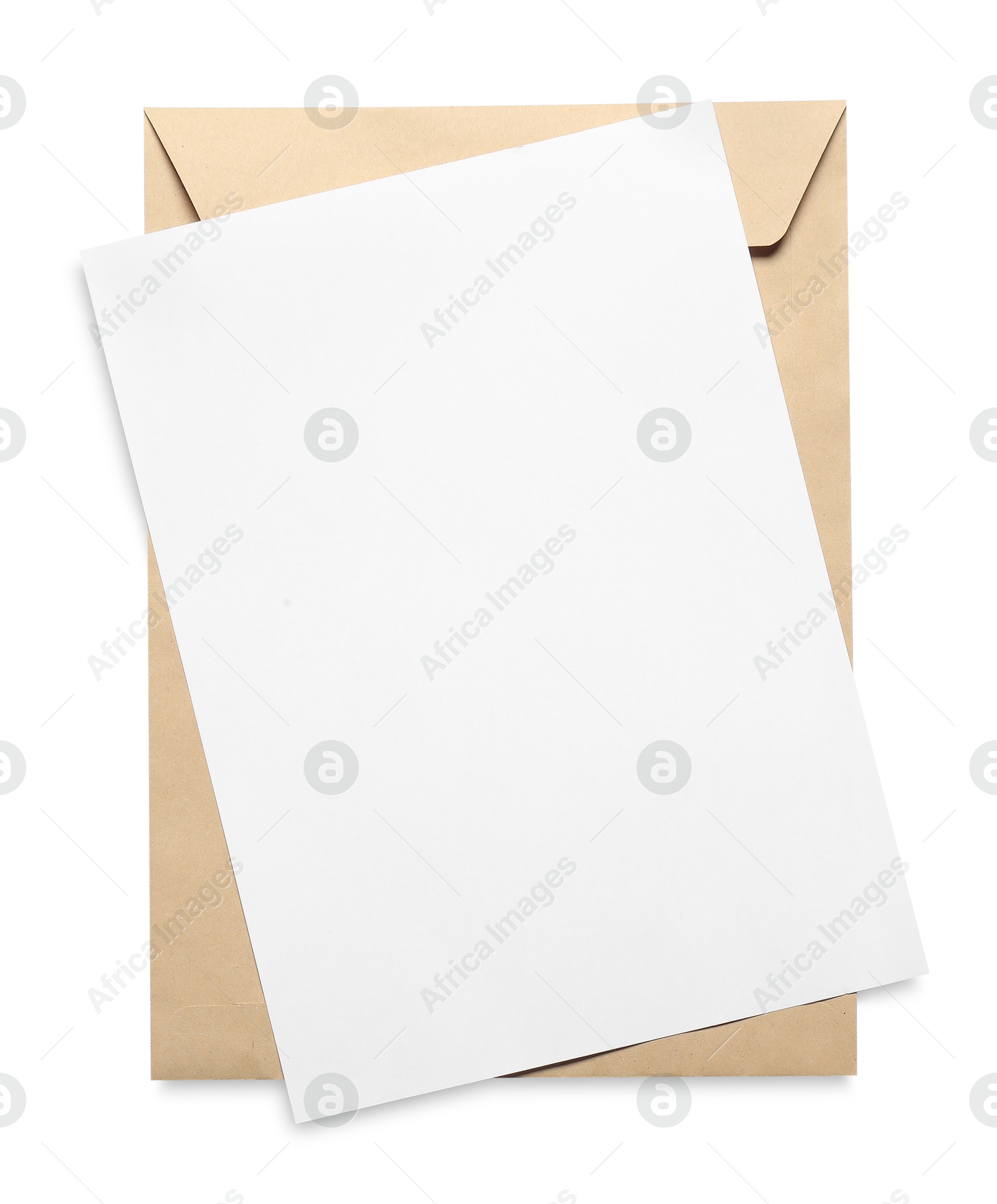 Photo of Envelope with card isolated on white, top view. Mockup for design