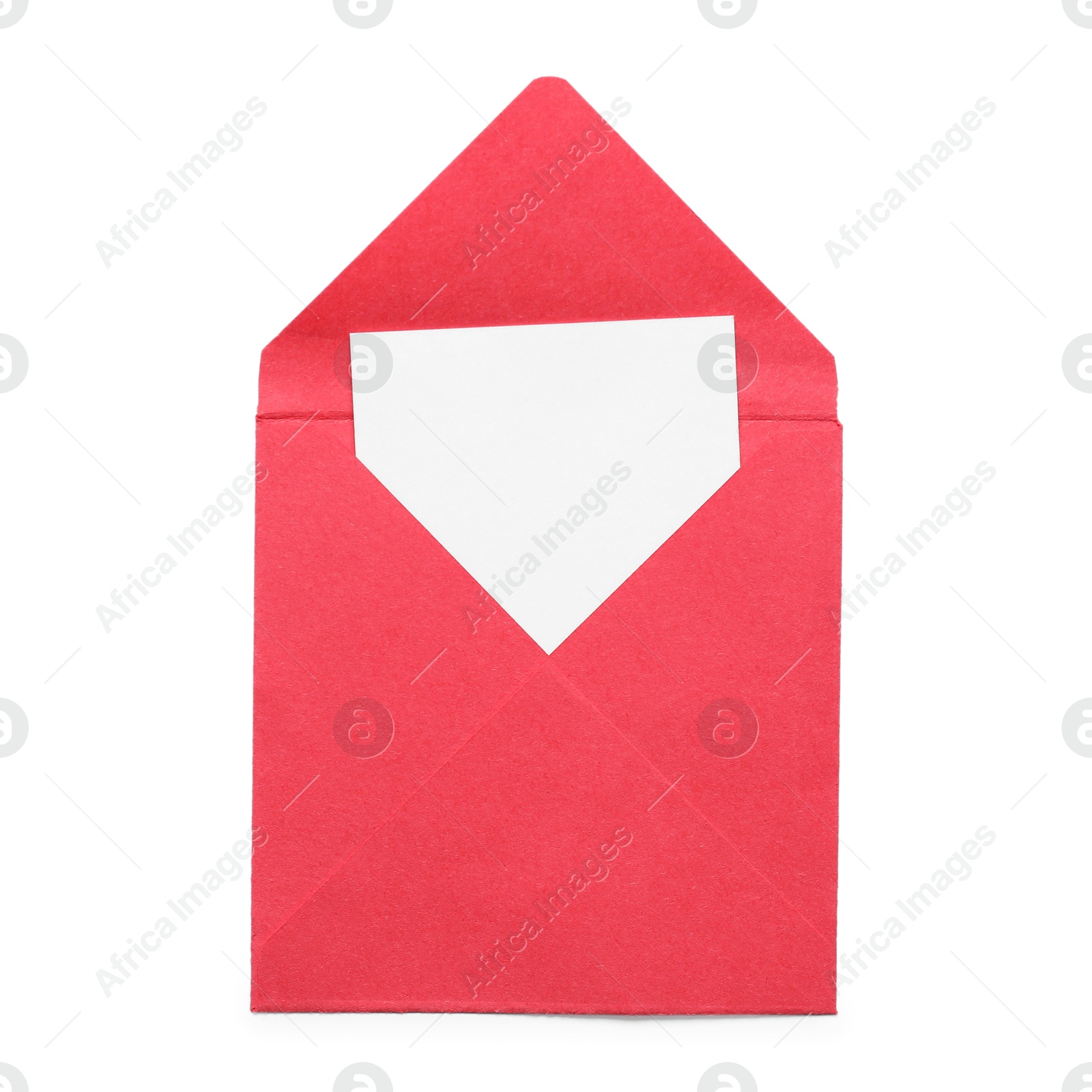 Photo of Red envelope with card isolated on white, top view. Mockup for design