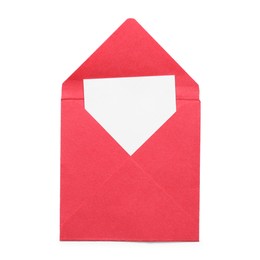 Photo of Red envelope with card isolated on white, top view. Mockup for design