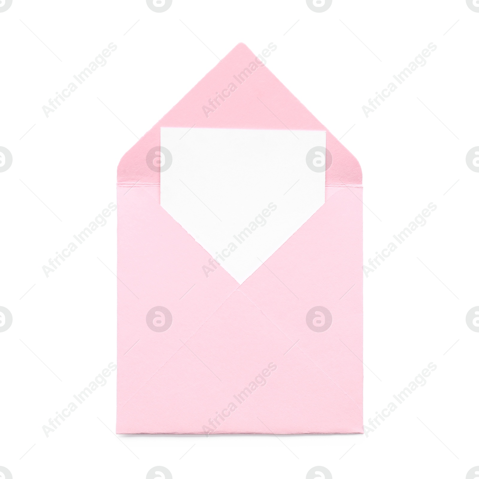 Photo of Pink envelope with card isolated on white, top view. Mockup for design