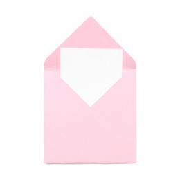 Photo of Pink envelope with card isolated on white, top view. Mockup for design