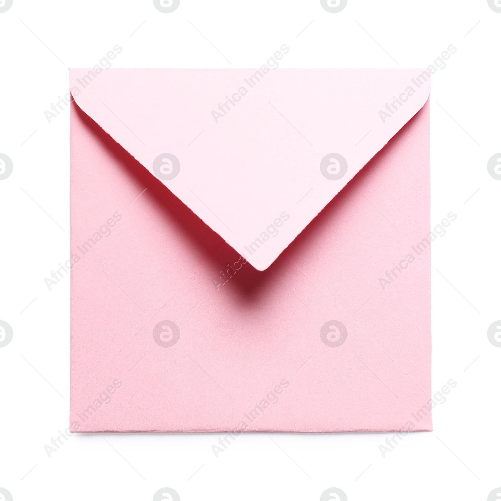 Photo of Pink envelope isolated on white, top view. Mockup for design