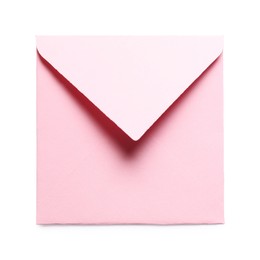 Photo of Pink envelope isolated on white, top view. Mockup for design