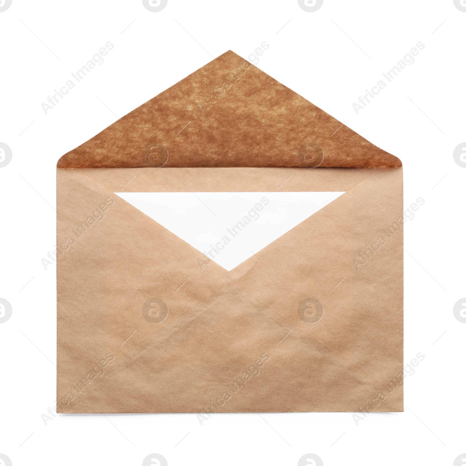 Photo of Envelope with card isolated on white, top view. Mockup for design