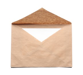 Photo of Envelope with card isolated on white, top view. Mockup for design