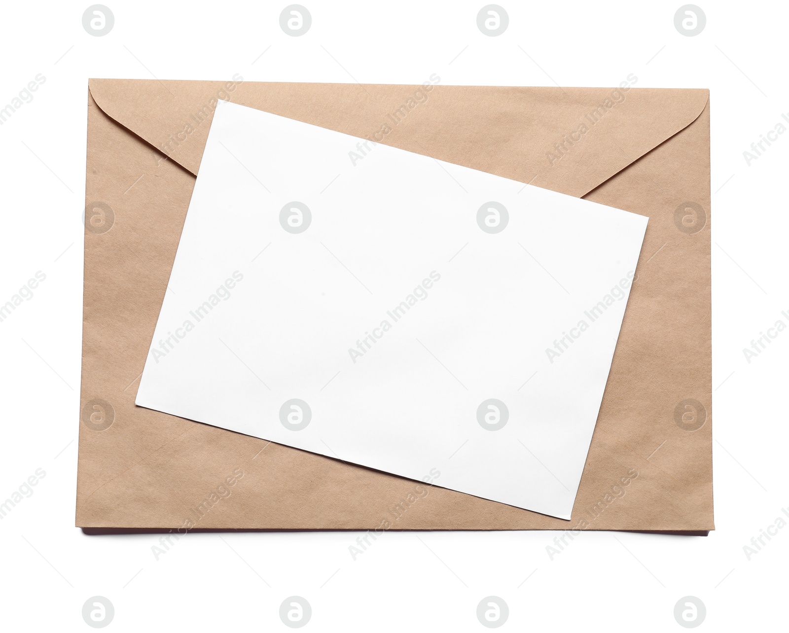 Photo of Envelope with card isolated on white, top view. Mockup for design