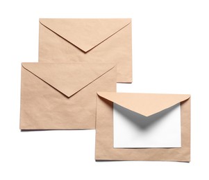 Photo of Envelopes isolated with card on white, top view. Mockup for design