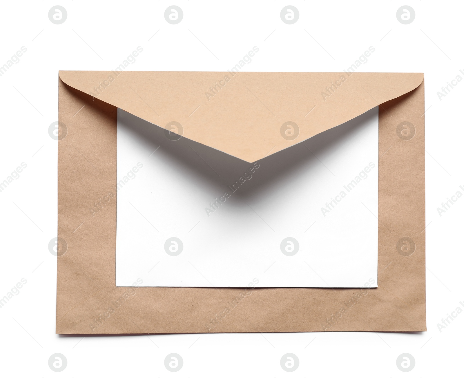 Photo of Envelope with card isolated on white, top view. Mockup for design