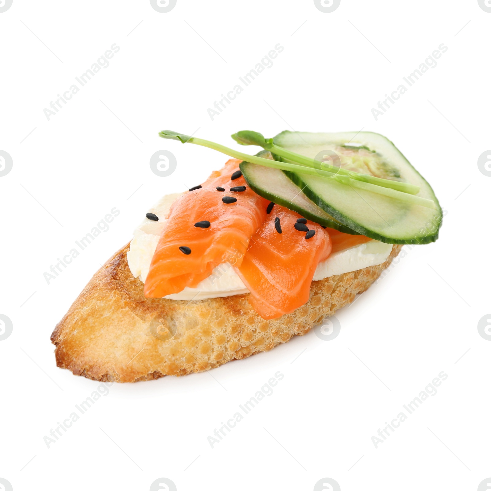 Photo of Delicious bruschetta with cream cheese, salmon and cucumber isolated on white