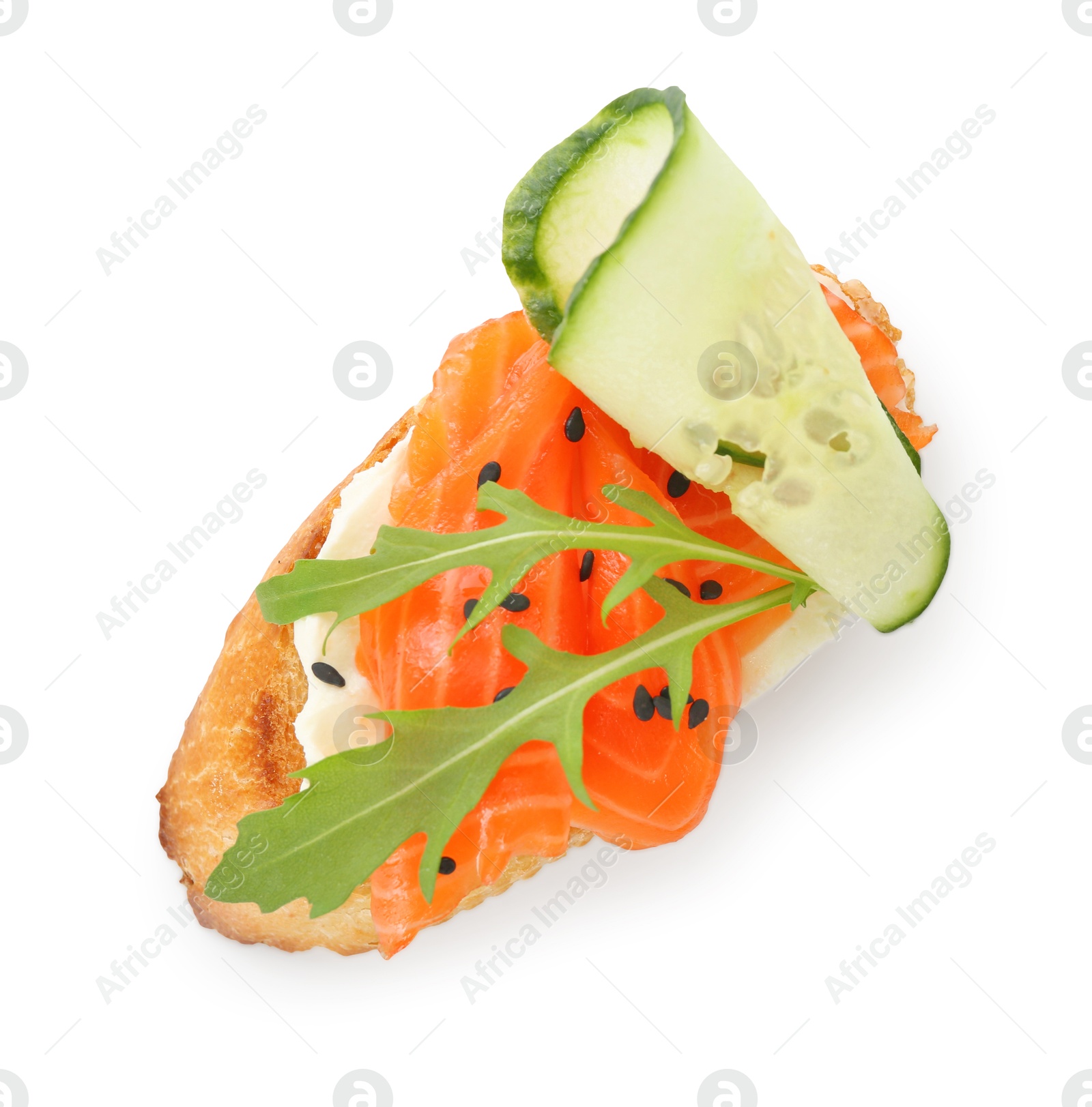 Photo of Delicious bruschetta with cream cheese, salmon and cucumber isolated on white, top view