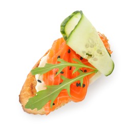 Delicious bruschetta with cream cheese, salmon and cucumber isolated on white, top view