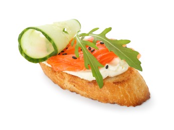 Photo of Delicious bruschetta with cream cheese, salmon and cucumber isolated on white