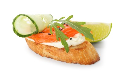 Photo of Delicious bruschetta with cream cheese, salmon, cucumber and piece of lime isolated on white