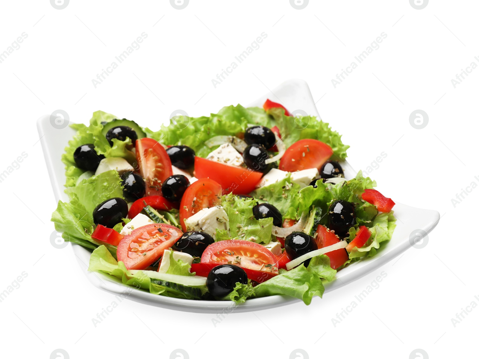 Photo of Delicious fresh Greek salad isolated on white