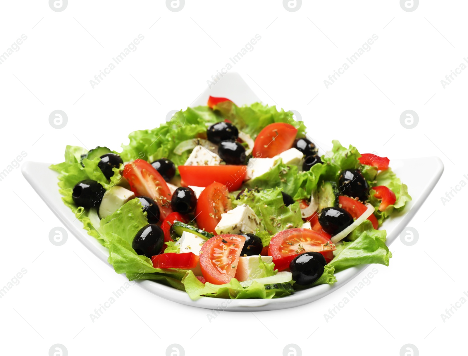 Photo of Delicious fresh Greek salad isolated on white