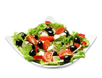 Photo of Delicious fresh Greek salad isolated on white