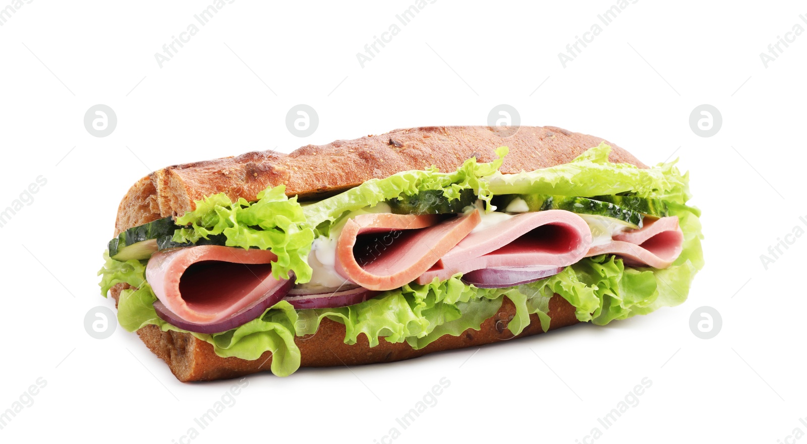 Photo of Baguette sandwich with ham isolated on white