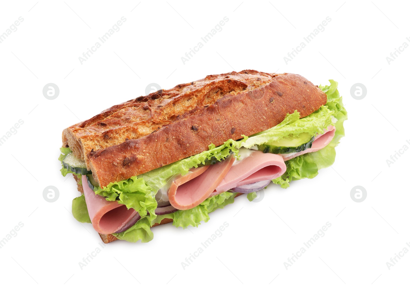 Photo of Baguette sandwich with ham isolated on white