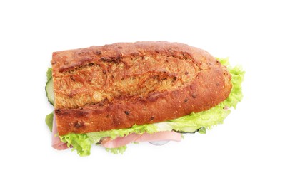 Photo of Baguette sandwich with ham isolated on white, top view