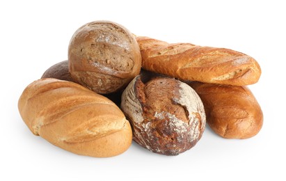 Photo of Different freshly baked bread loafs isolated on white